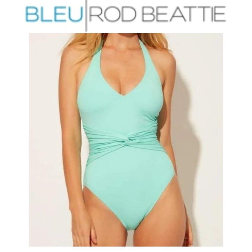 BLEU BY ROD BEATTIE Women's aqua Goddess Plunge Halter One-Piece Swimsui…